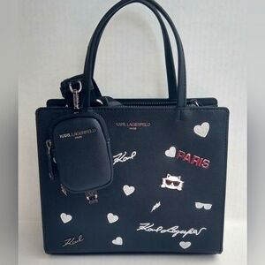 KARL LAGERFELD Maybelle Satchel Black Paris Purse Crossbody And Hat New! NWT!